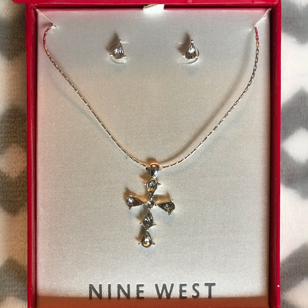 2/$10 Nine West Silver Toned Cross and Earring Set